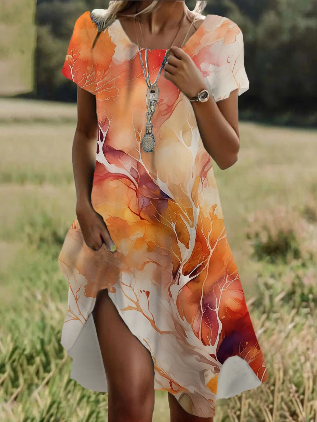 Abstract Print Short Sleeve Crew Neck Dress