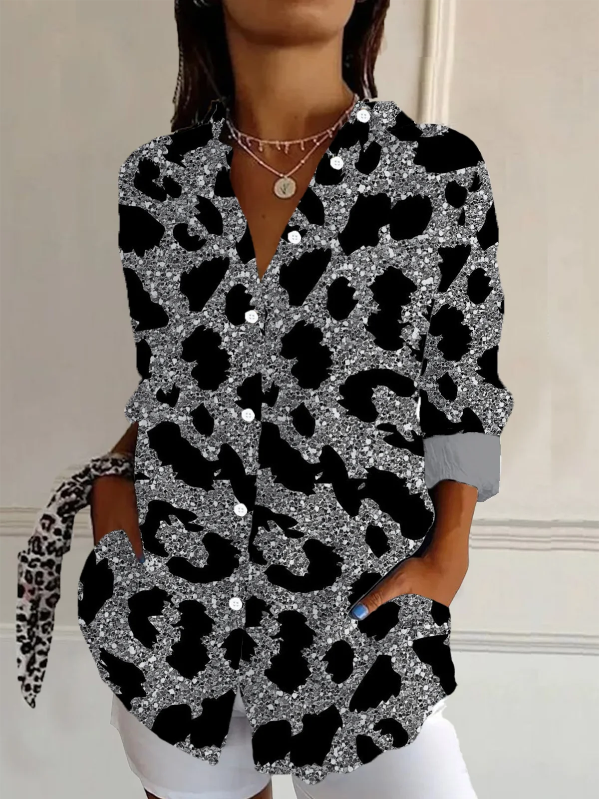 Women's Long Sleeve Shirt Spring/Fall As Picture Leopard Buckle Shirt Collar Daily Going Out Casual Top