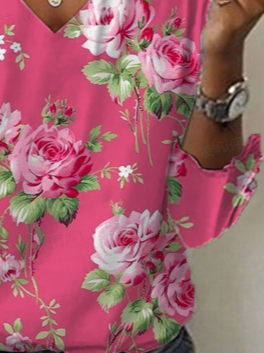 Women's Floral Casual Print V-Neck T-Shirt