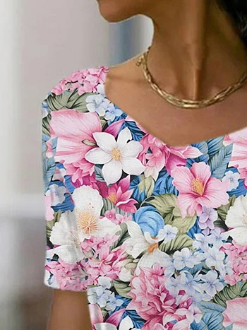 Floral Print Short Sleeve V-Neck T-shirt