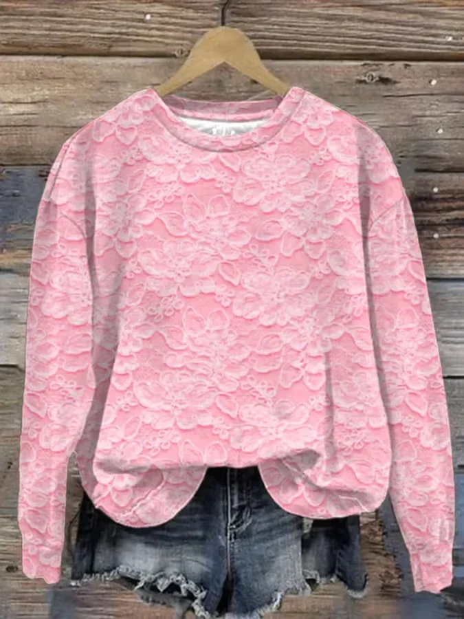 Women's Pink Floral Print Crew Neck Casual Loose Sweatshirt