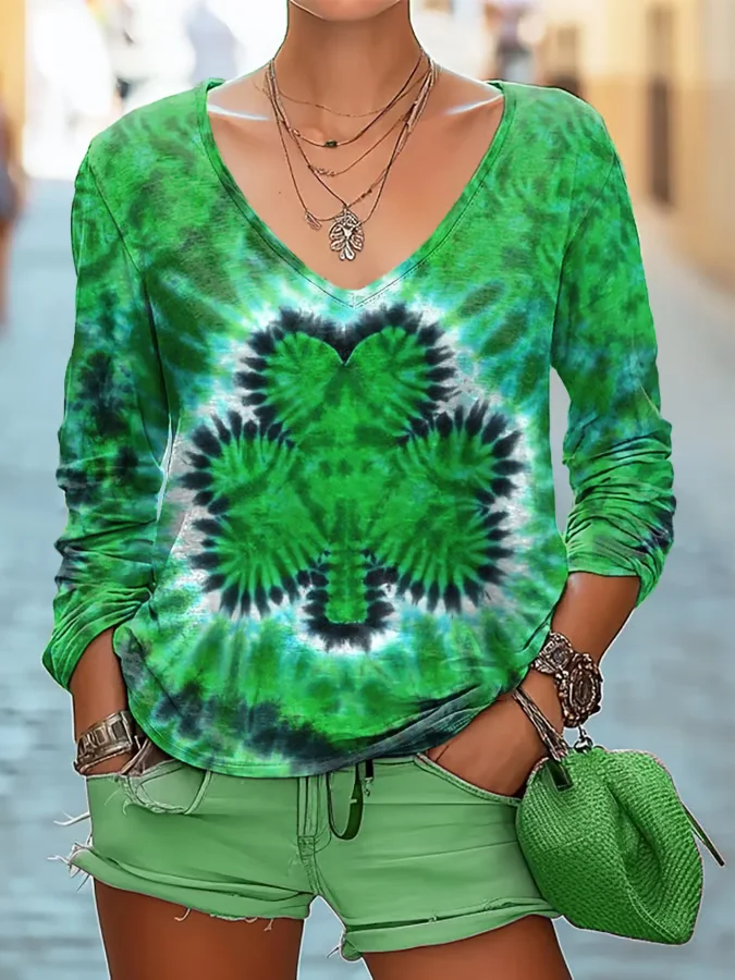 Women's St. Patrick's Day Tie-Dye Shamrock Print Casual Long-Sleeve T-Shirt