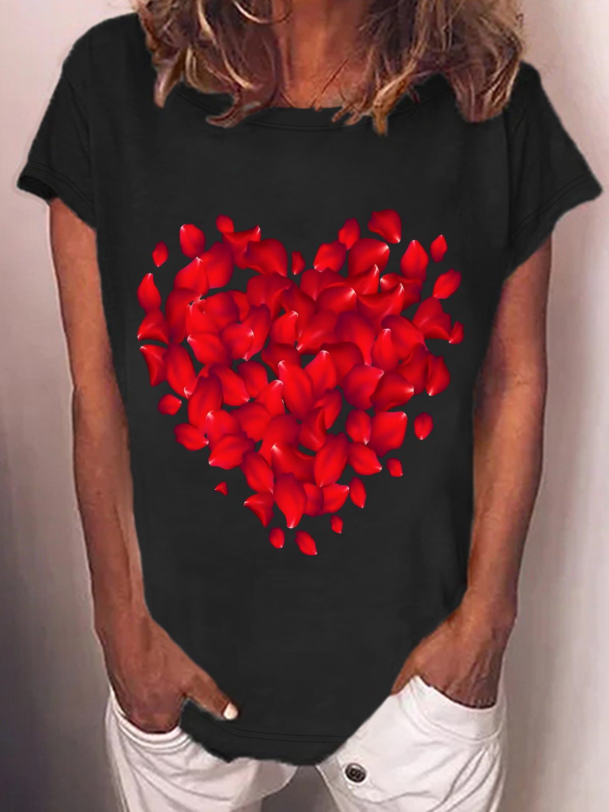 Red Rose Heart Valentine's Day Cotton-Blend T-Shirt