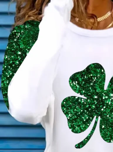 Women's Sequined St. Patrick's Day Printed Long Sleeve T-Shirt