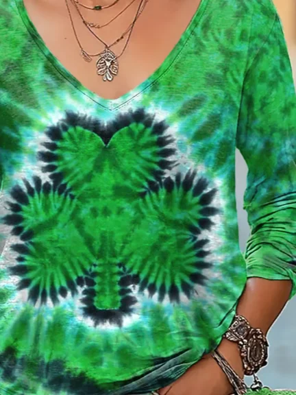 Women's St. Patrick's Day Tie-Dye Shamrock Print Casual Long-Sleeve T-Shirt