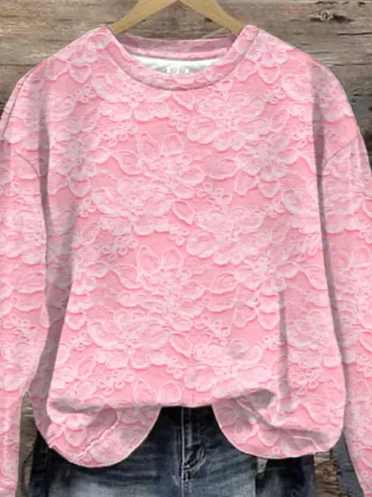 Women's Pink Floral Print Crew Neck Casual Loose Sweatshirt