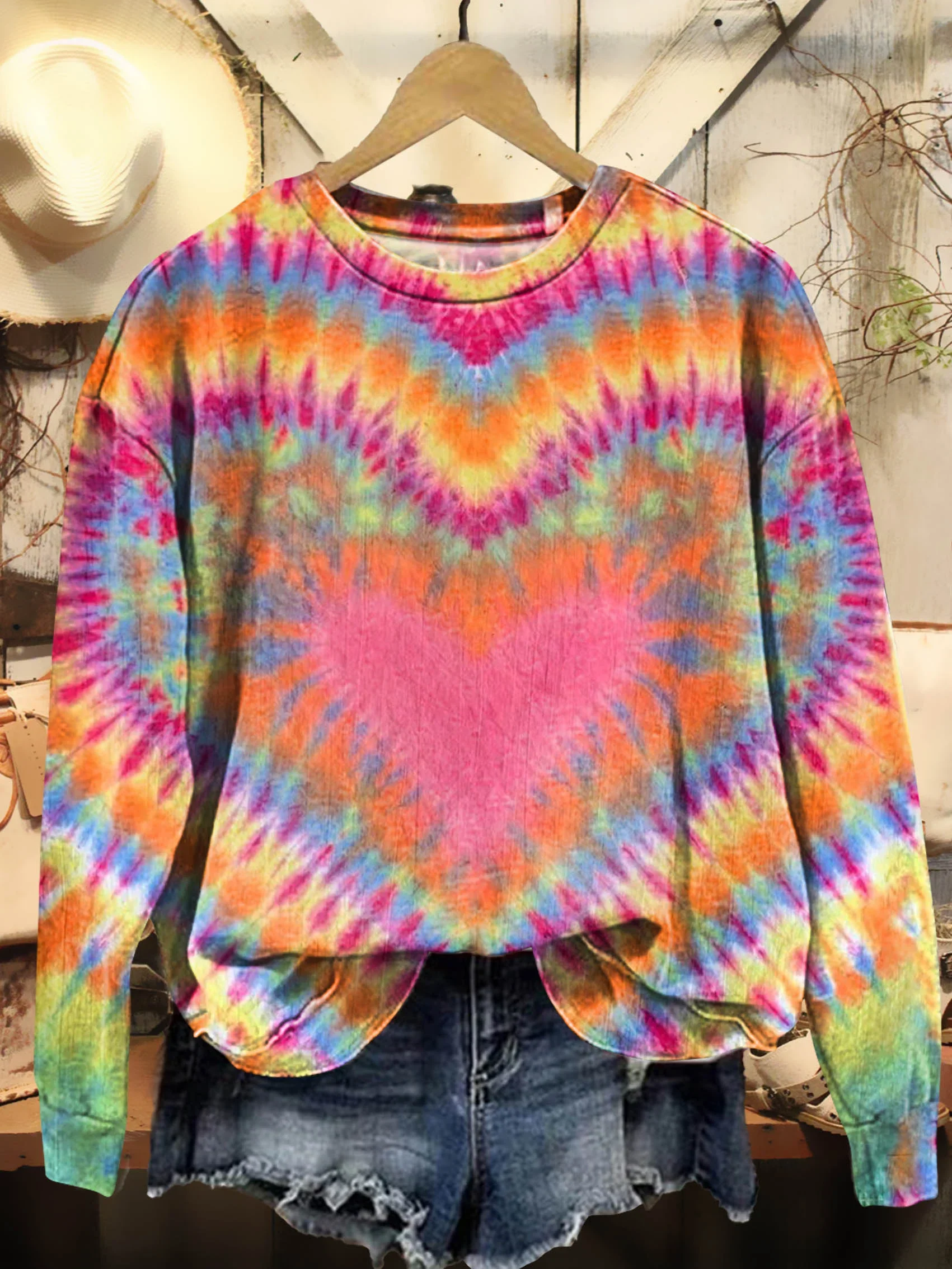 Retro Colorful Love Hearts Tie Dye Casual Sweatshirt