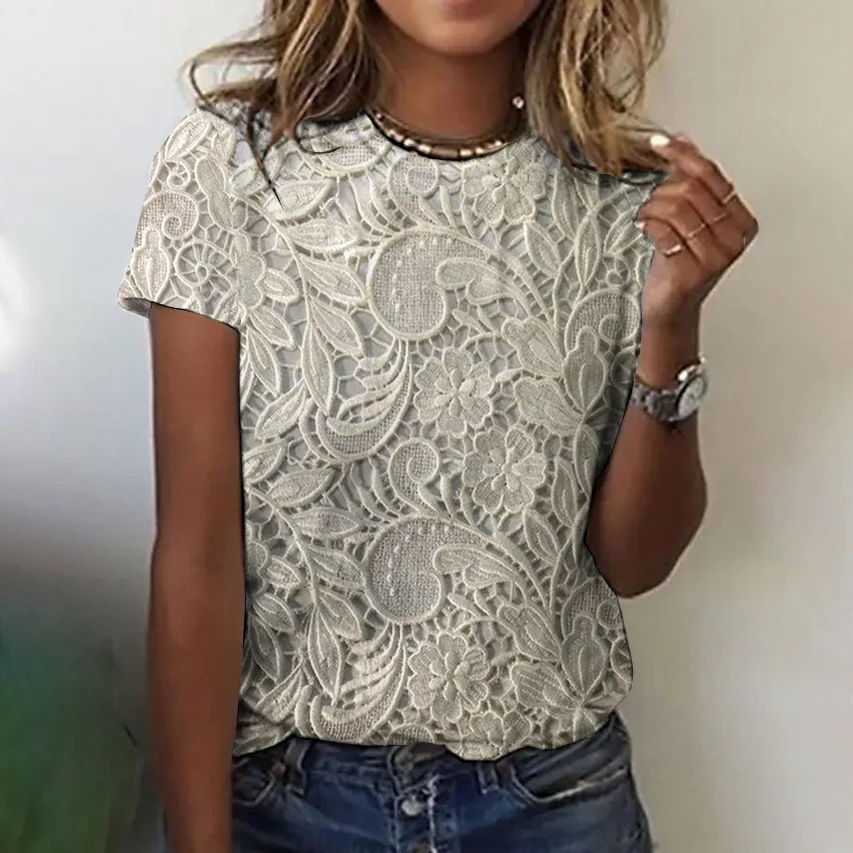 Lace floral short sleeved T-shirt