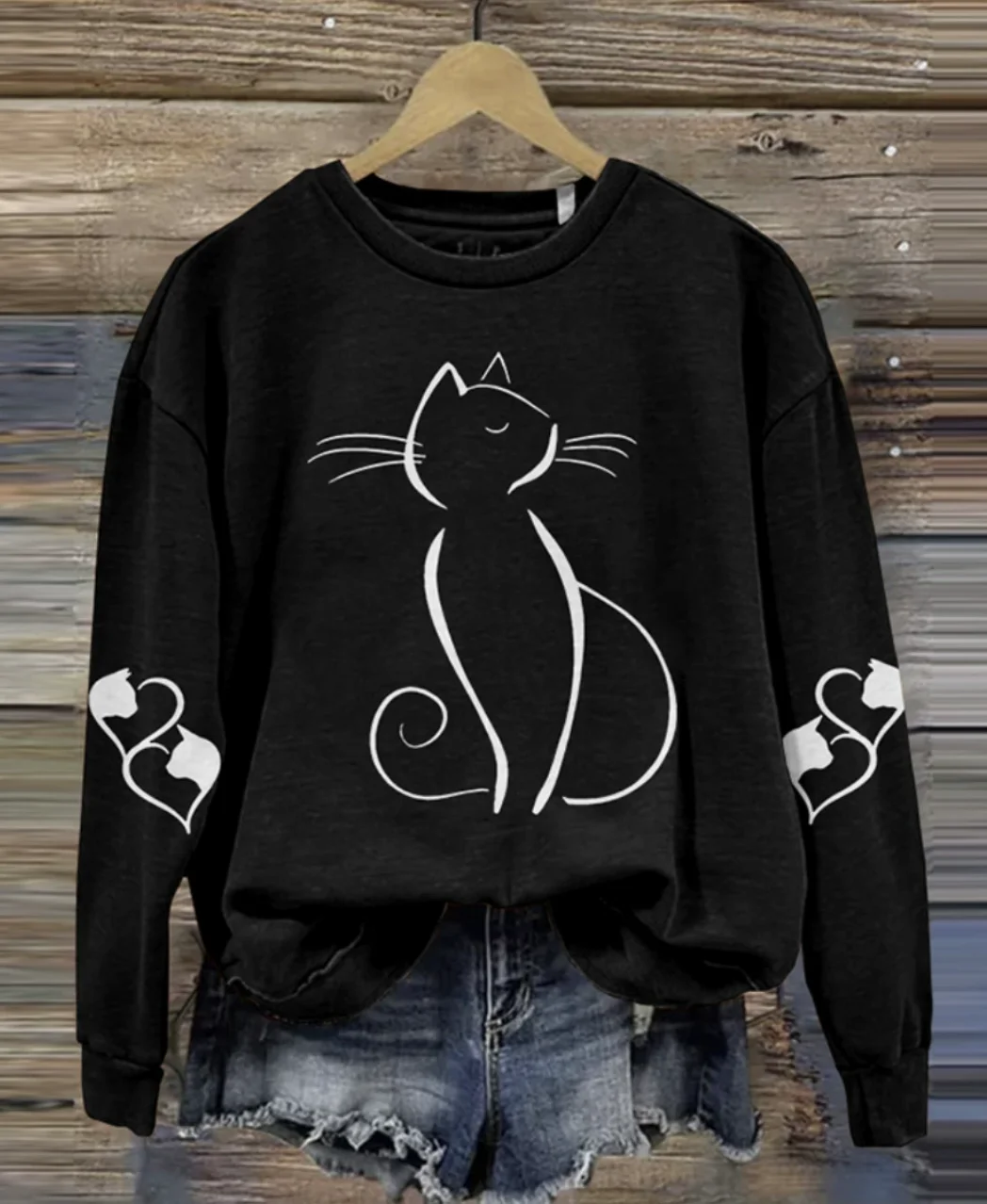 Cute cat printed round neck pullover sweatshirt