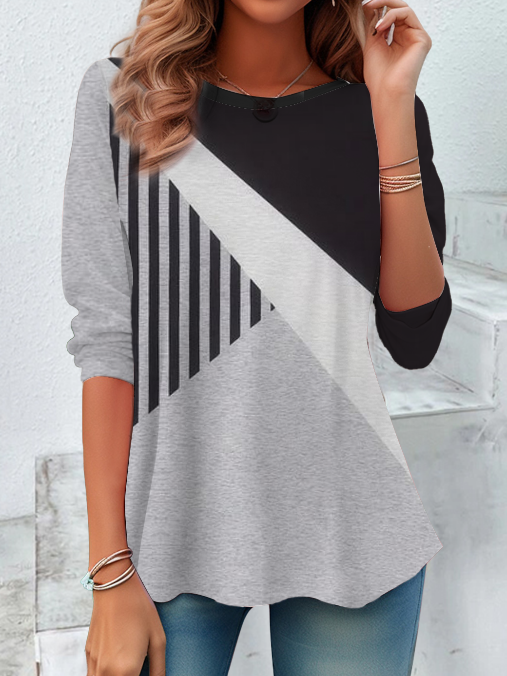 Women's Striped Color Block Splicing Print Casual Round Neck Tunic T-Shirt