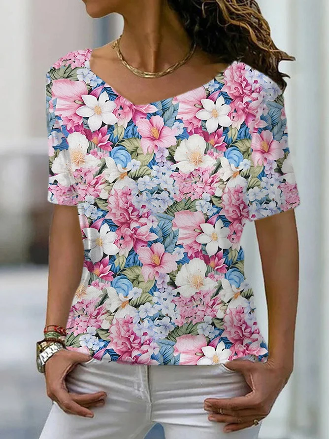 Floral Print Short Sleeve V-Neck T-shirt