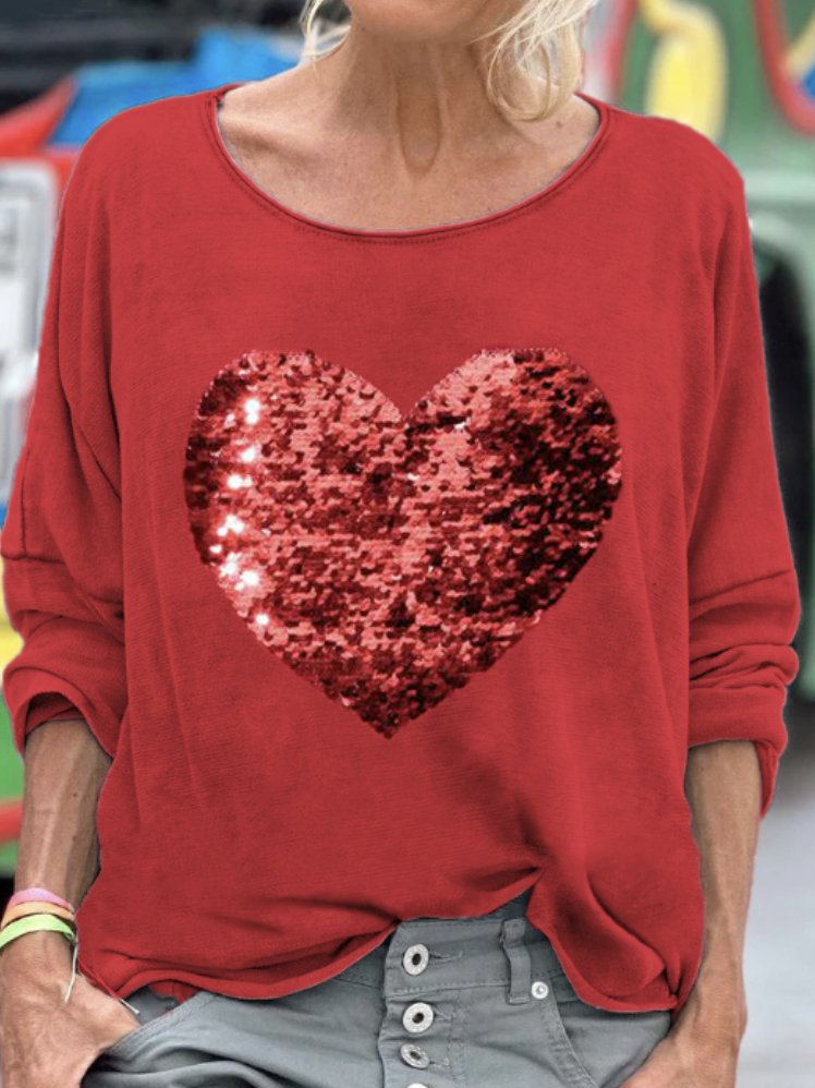 Sequined love casual long sleeved T-shirt