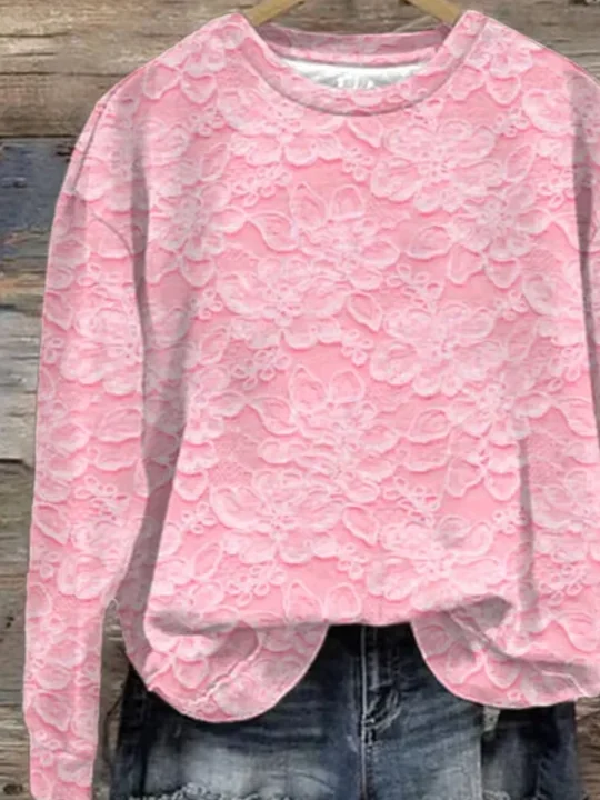 Women's Pink Floral Print Crew Neck Casual Loose Sweatshirt