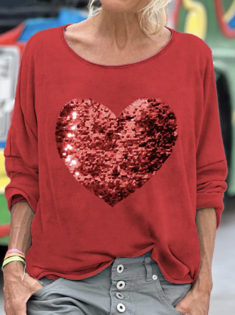 Sequined love casual long sleeved T-shirt