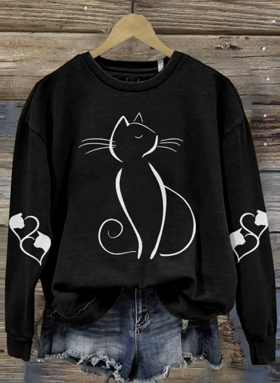 Cute cat printed round neck pullover sweatshirt