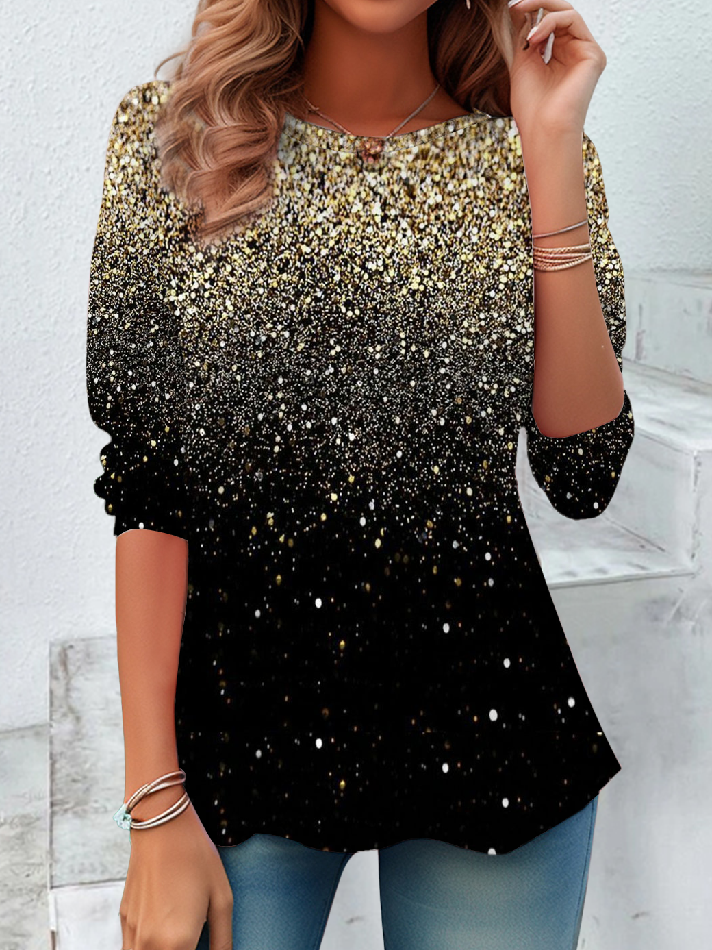 Women's Sequin Print Casual Round Neck Tunic T-Shirt