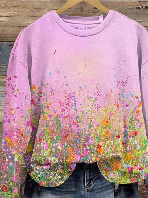 Women's Pink Oil Painting Floral Print Crew Neck Casual Sweatshirt