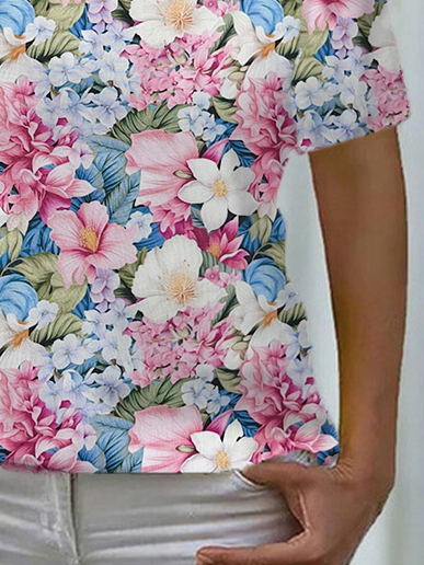 Floral Print Short Sleeve V-Neck T-shirt