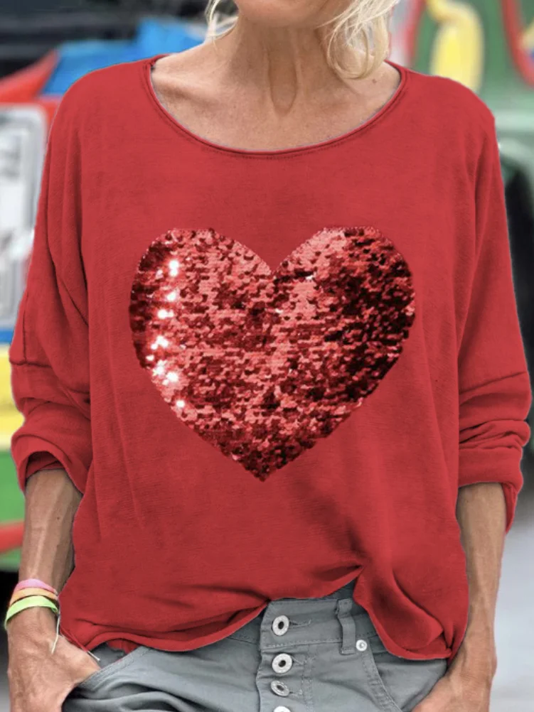 Sequined love casual long sleeved T-shirt