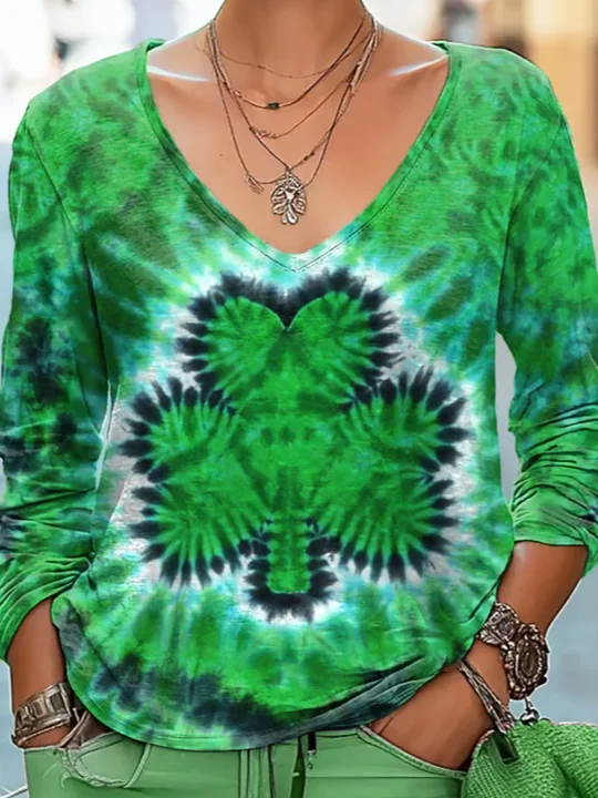 Women's St. Patrick's Day Tie-Dye Shamrock Print Casual Long-Sleeve T-Shirt