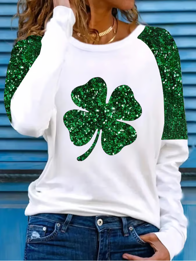 Women's Sequined St. Patrick's Day Printed Long Sleeve T-Shirt