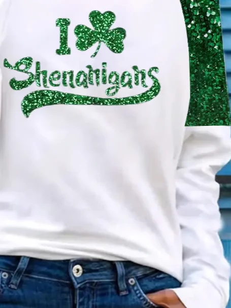 I Clover Shenanigans Women's Sequined St. Patrick's Day Printed Long Sleeve T-Shirt