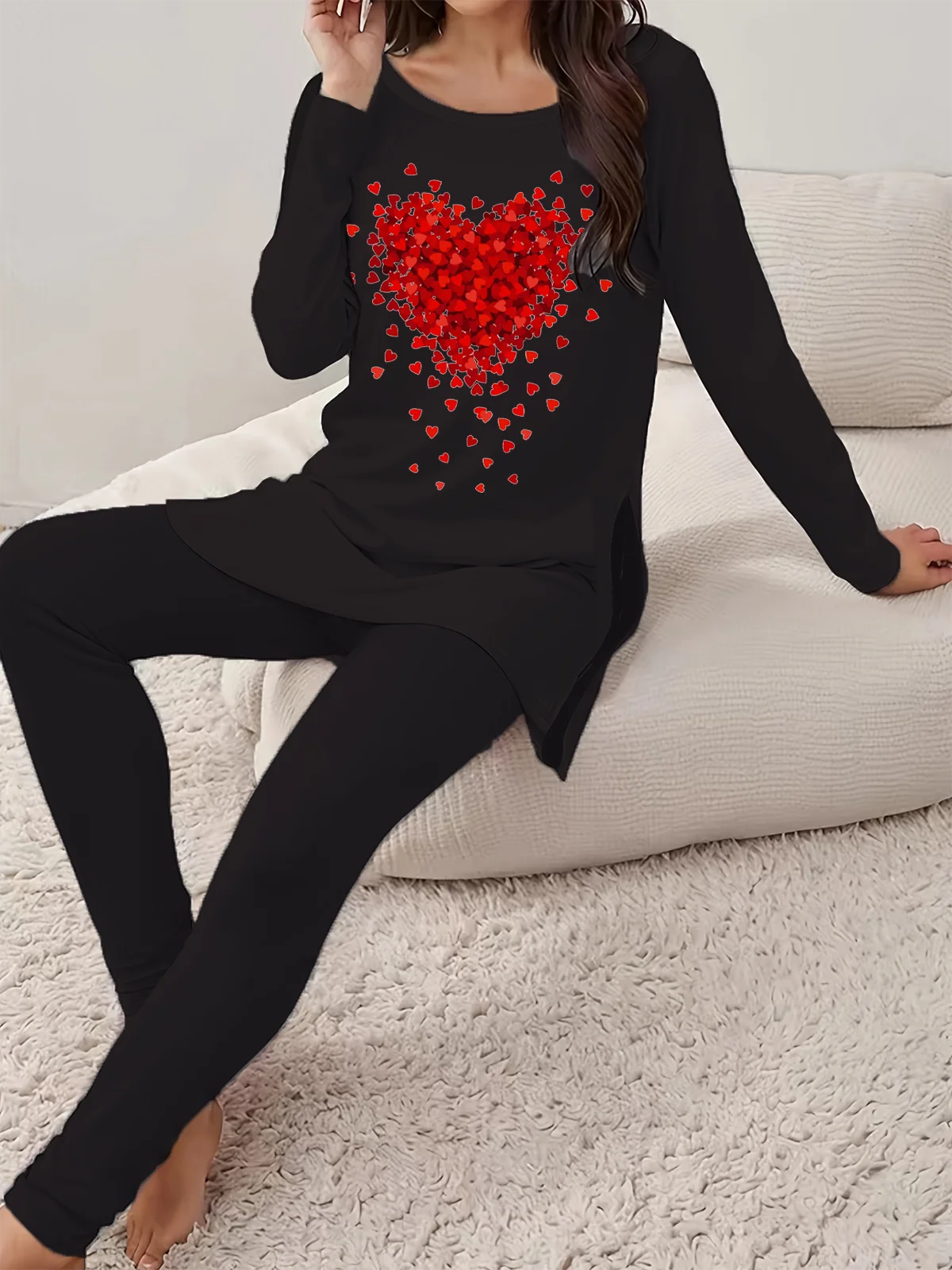 Women's Printed Valentine's Day Hearts Daily Outing Two-piece Casual Spring and Autumn Tops and Pants Suits