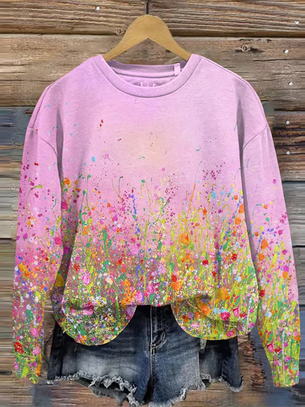 Women's Pink Oil Painting Floral Print Crew Neck Casual Sweatshirt