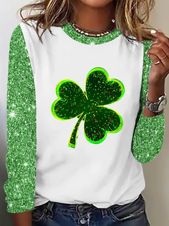 Women's Sequined St. Patrick's Day Printed Long Sleeve T-Shirt