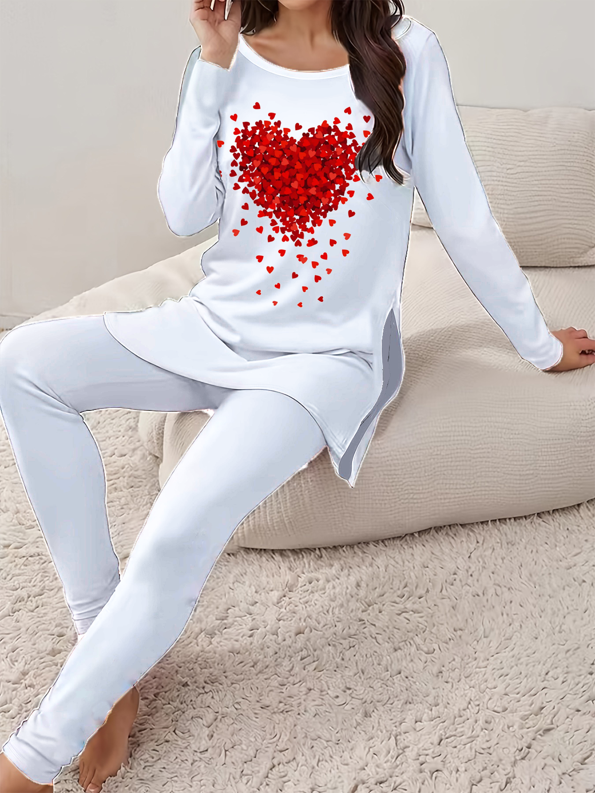 Women's Printed Valentine's Day Hearts Daily Outing Two-piece Casual Spring and Autumn Tops and Pants Suits