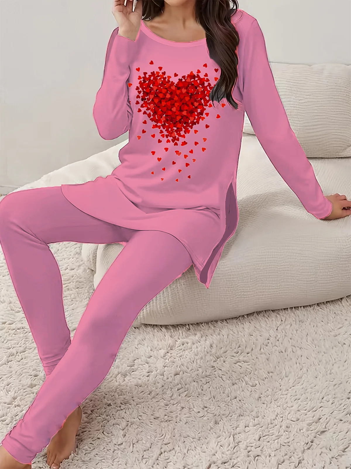 Women's Printed Valentine's Day Hearts Daily Outing Two-piece Casual Spring and Autumn Tops and Pants Suits