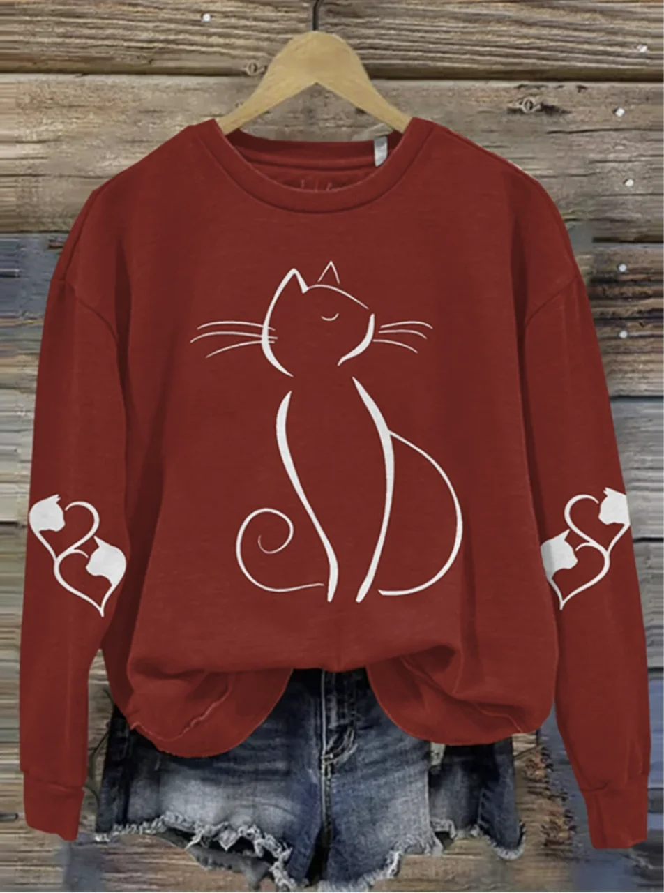 Cute cat printed round neck pullover sweatshirt