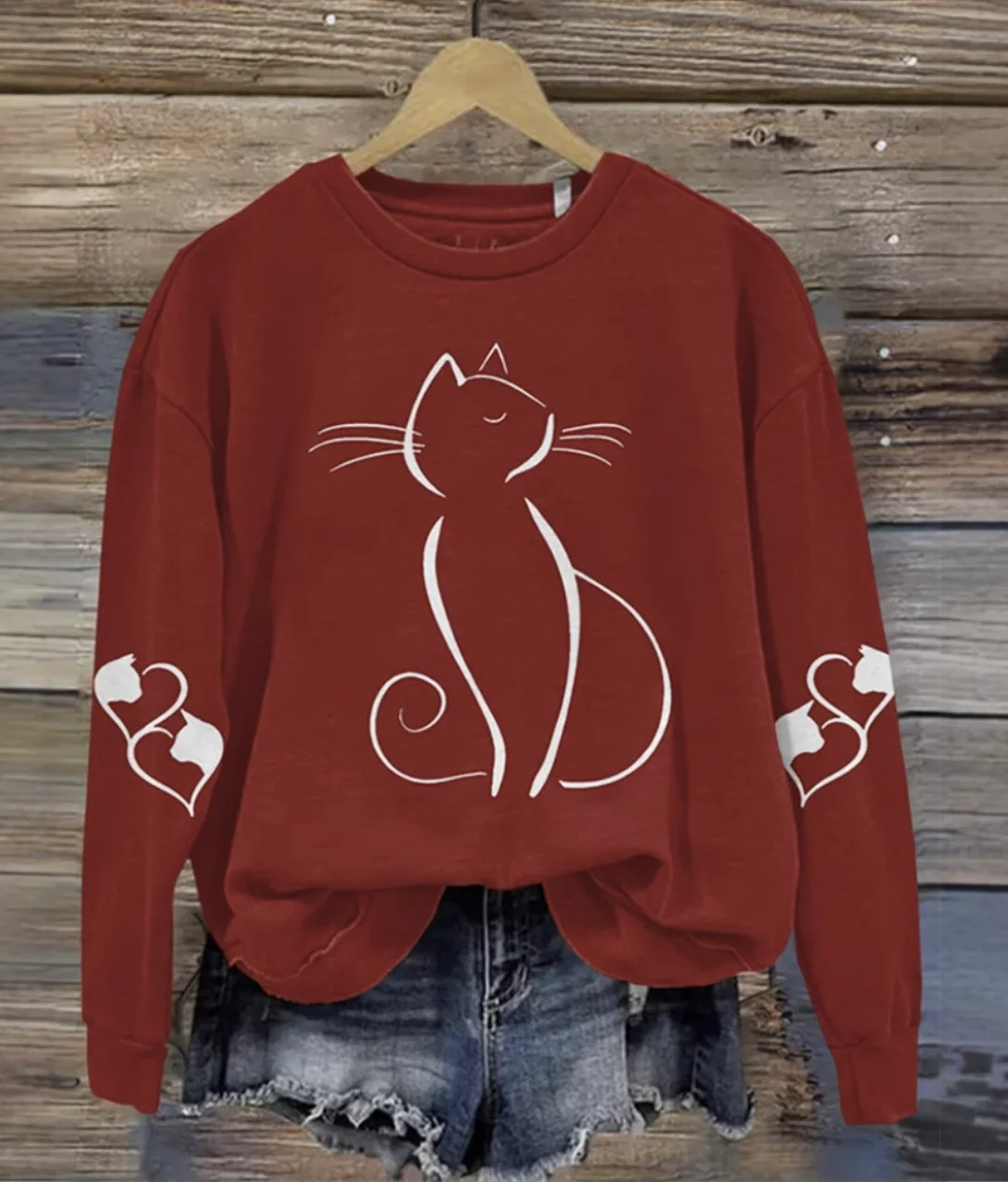 Cute cat printed round neck pullover sweatshirt