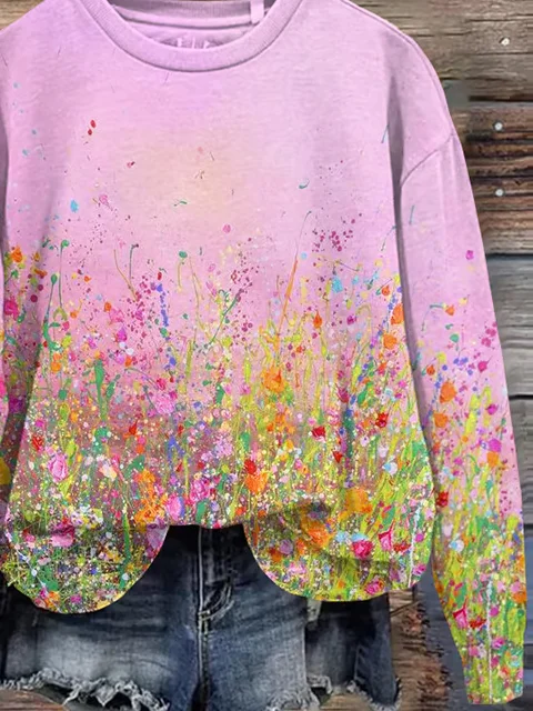 Women's Pink Oil Painting Floral Print Crew Neck Casual Sweatshirt