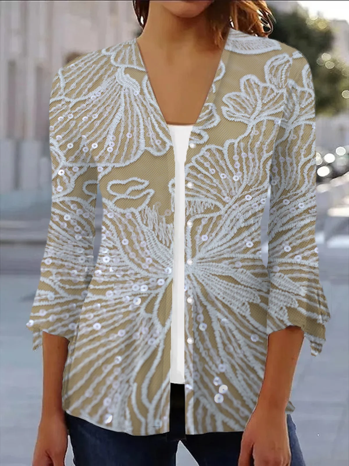 Floral Print Long Sleeve Shawl Jacket