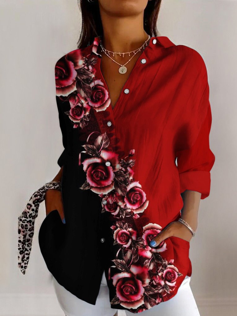 Floral color blocked casual long sleeved shirt