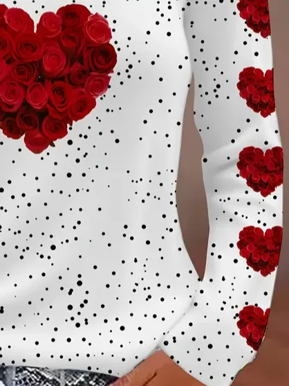 Women's Love Rose Valentine's Day Polka Dot V-neck Casual Long-Sleeved T-shirt