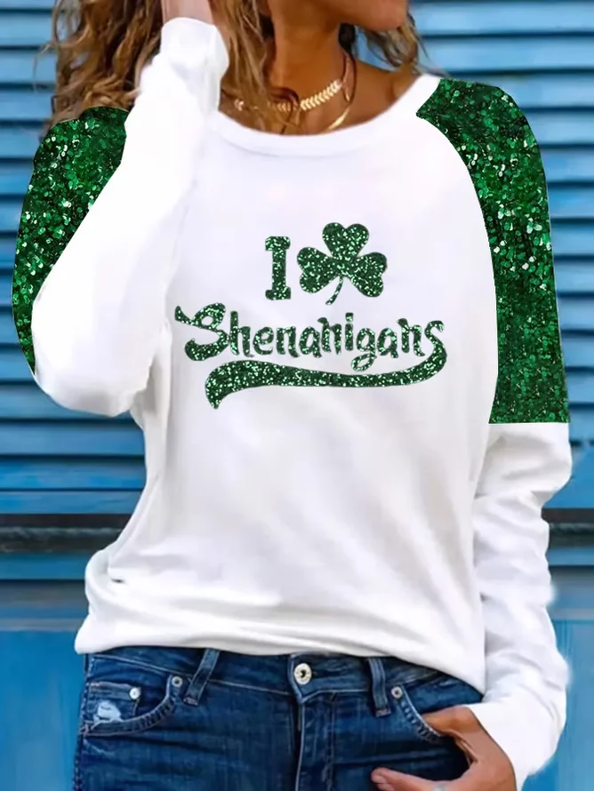 I Clover Shenanigans Women's Sequined St. Patrick's Day Printed Long Sleeve T-Shirt