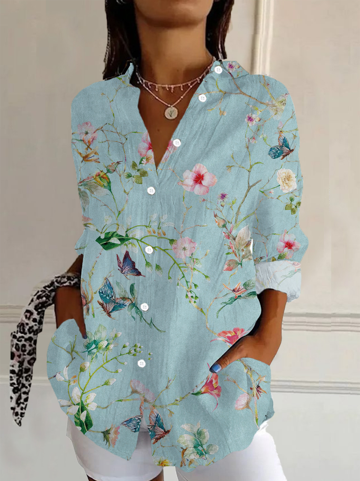 Women's Long Sleeve Shirt Spring/Fall Green Floral Buckle Shirt Collar Daily Going Out Casual Top