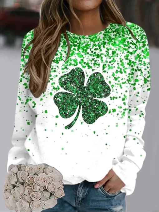 Women's St. Patrick's Day Irish Shirt Green sequin print long-sleeved four-leaf Clover  Sweatshirt