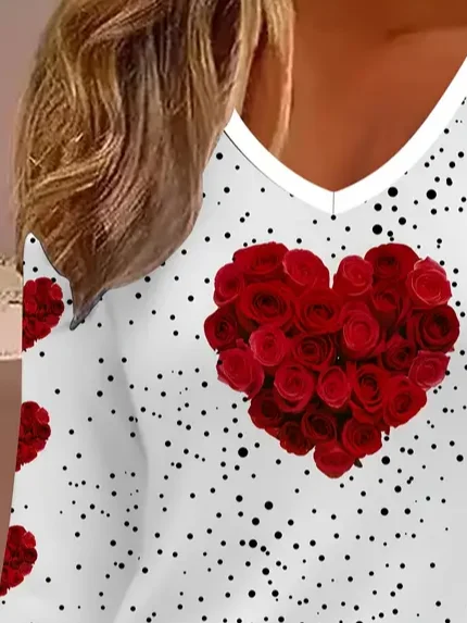 Women's Love Rose Valentine's Day Polka Dot V-neck Casual Long-Sleeved T-shirt