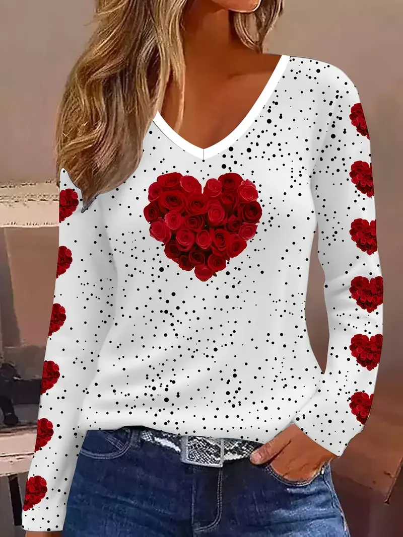 Women's Love Rose Valentine's Day Polka Dot V-neck Casual Long-Sleeved T-shirt