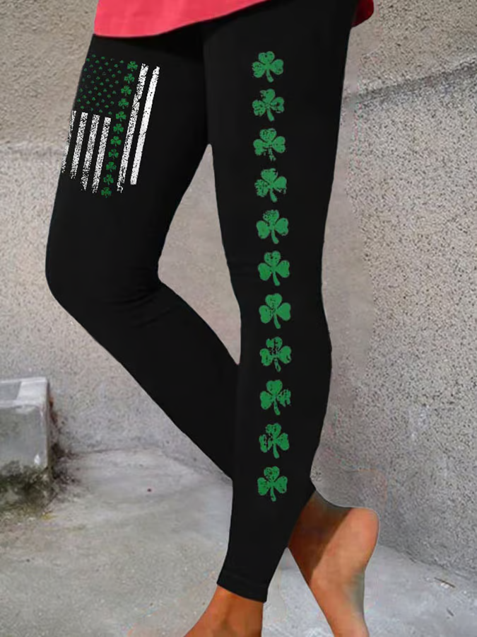 Retro St.Patrick's Day Flag Shamrock Print Leggings