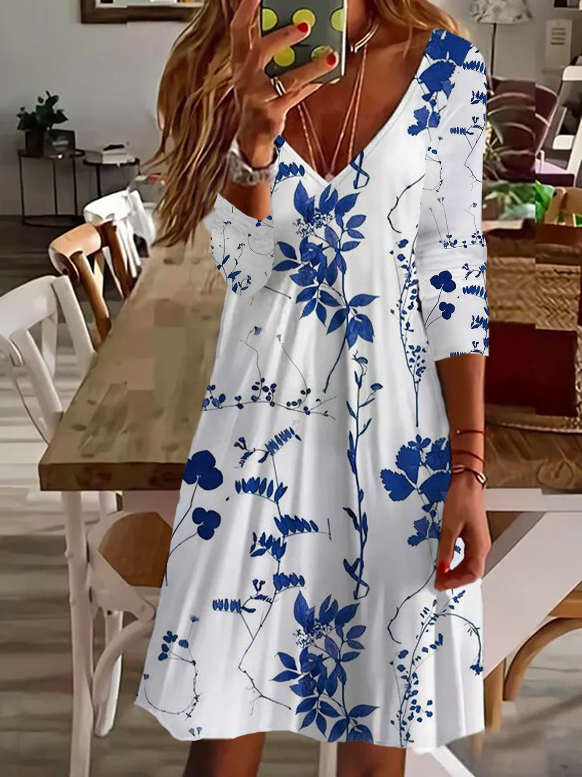 Women's Long Sleeve Spring Floral Print V-Neck Casual Dress