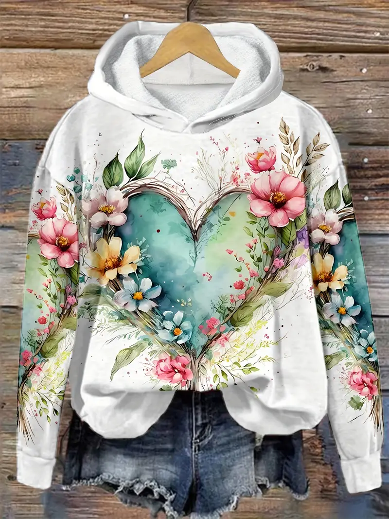 Women's Spring Floral Heart Casual Hooded Sweatshirt