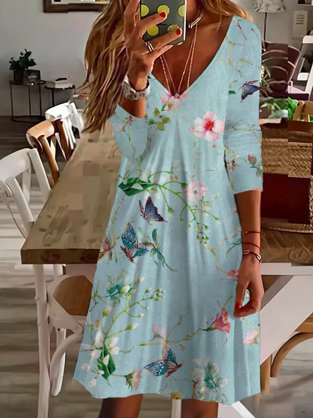 Women's Long Sleeve Spring Floral Print V-Neck Casual Dress