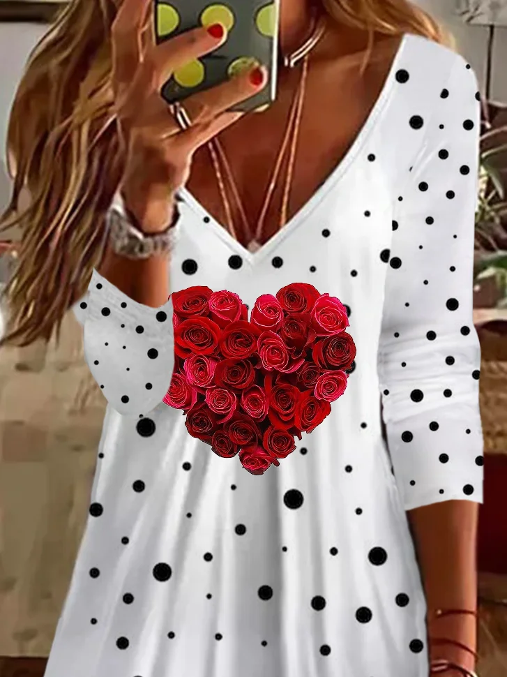 Women's Long-Sleeved Spring Floral Love Valentine's Day Polka Dot Print V-neck Casual Dress