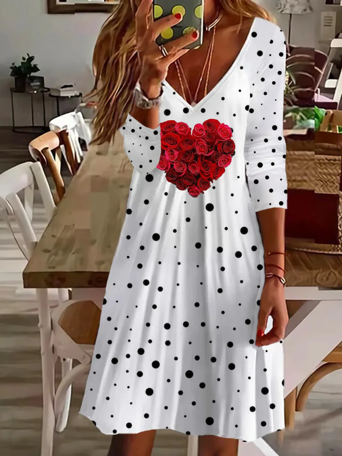 Women's Long-Sleeved Spring Floral Love Valentine's Day Polka Dot Print V-neck Casual Dress