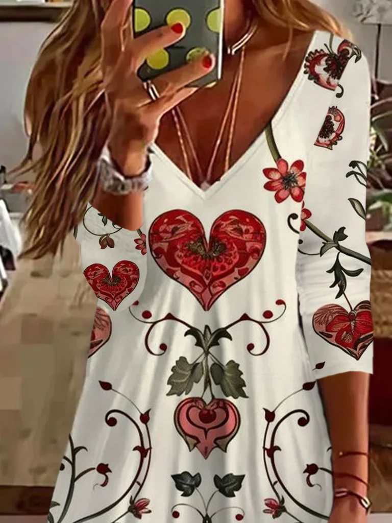 Women's Long Sleeve Spring Love Flower Valentine's Day Print V-Neck Casual Dress