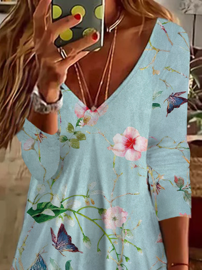 Women's Long Sleeve Spring Floral Print V-Neck Casual Dress